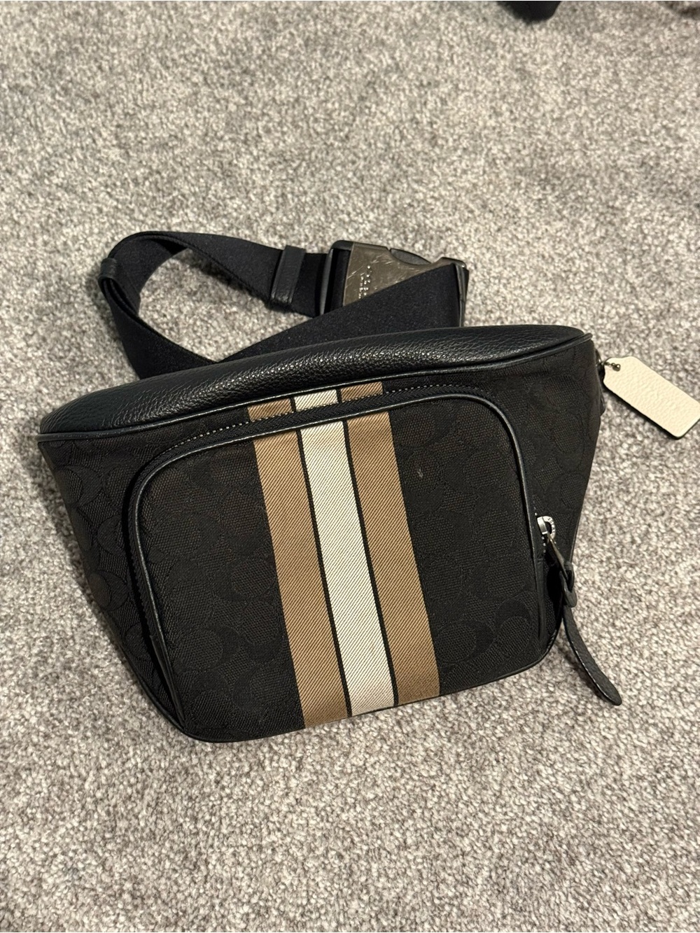 Coach Black Crossbody Belt Bag with Brown and Cream Stripe